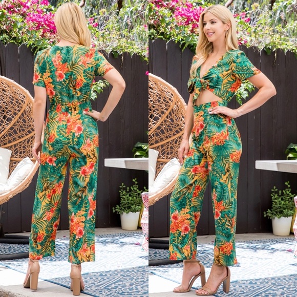 NEW WOMENS ARRIVAL TROPICAL FLORAL CROPPED BOW TIE GREEN YELLOW FLORAL JUMPSUIT - Picture 2 of 9